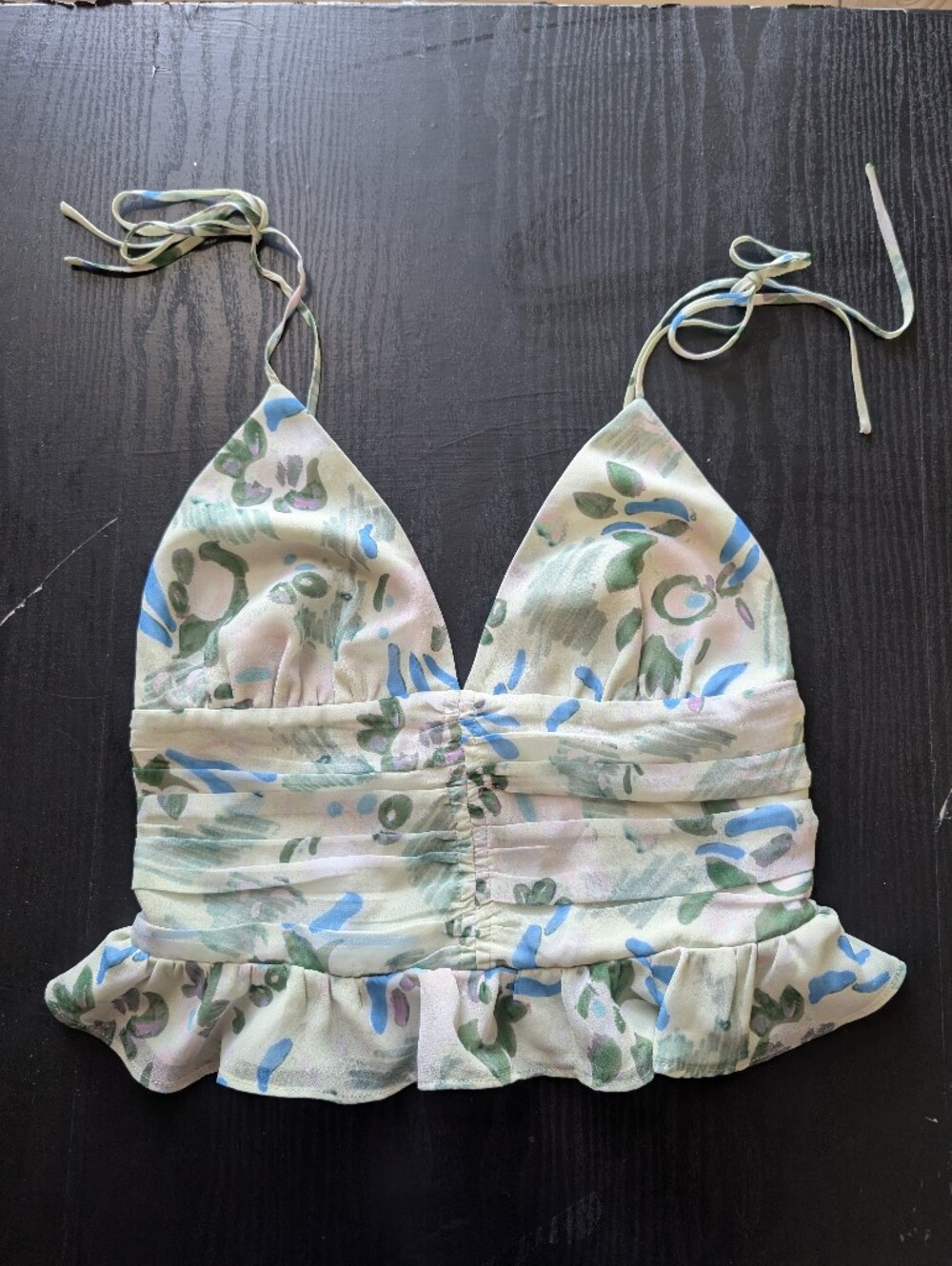 Aritzia Wilfred Celia Floral Tie-Strap Ruffle Hem Tank Top - Blue/Green - S